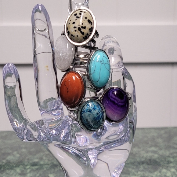 Multi-Variety Stone Silver Stainless Steel Rings Size 7-8 - Picture 3 of 16